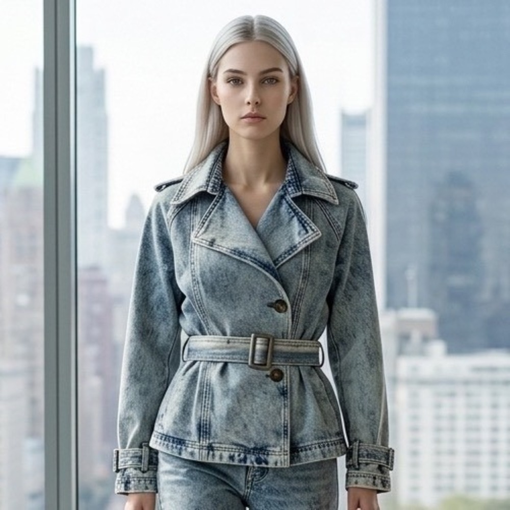 Dictionary Acid Wash Denim Moto Trench Jacket Medium Belted Y2K Lightweight